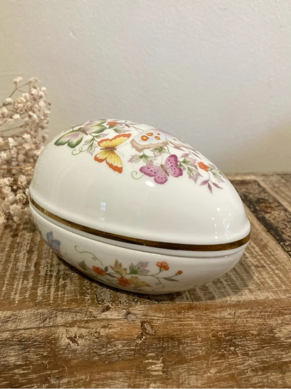 1970s Avon Butterfly Floral Porcelain Egg Shaped Trinket Box with 22K Gold Trim